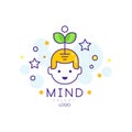 Outline vector logo design with sprout coming out of child head. Mind energy and growth concept. Children early Royalty Free Stock Photo