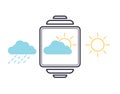 Outline vector smartwatch with sets weather app icons. Meteorological symbol of rain, cloudy and sun with rays
