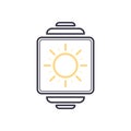 Outline vector smartwatch with warm and heat weather app icon. Meteorological symbol of sun with rays. Friendship call device