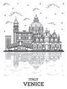 Outline Venice Italy City Skyline with Historic Buildings and Reflections Isolated on White