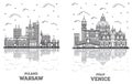 Outline Venice Italy and Warsaw Poland City Skyline Set