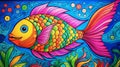 an outline of a vibrant fish swimming in the ocean, kids drawing concept