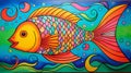 an outline of a vibrant fish swimming in the ocean, kids drawing concept