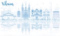 Outline Vilnius Skyline with Blue Landmarks and Reflections.