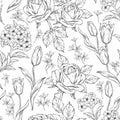 Outline vintage pattern. Roses and tulips