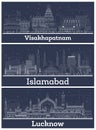 Outline Visakhapatnam, Lucknow India and Islamabad Pakistan City Skylines Set with White Buildings