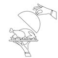 Outline waiter hand holding silver serving tray with baked bird and cloche Royalty Free Stock Photo