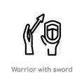 outline warrior with sword and shield vector icon. isolated black simple line element illustration from gestures concept. editable Royalty Free Stock Photo