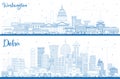 Outline Washington DC USA and Doha Qatar City Skylines with Blue Buildings