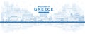 Outline Welcome to Greece City Skyline with Blue Buildings and Reflections