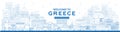 Outline Welcome to Greece City Skyline with Blue Buildings. Vector Illustration