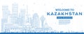 Outline Welcome to Kazakhstan. City Skyline with Blue Buildings Royalty Free Stock Photo