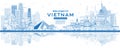 Outline Welcome to Vietnam Skyline with Blue Buildings and Reflections