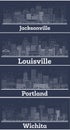 Outline Wichita Kansas, Louisville Kentucky, Portland Oregon and Jacksonville Florida USA City Skyline Set with White Buildings Royalty Free Stock Photo