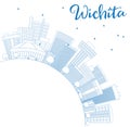 Outline Wichita Skyline with Blue Buildings and Copy Space.