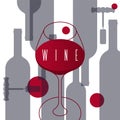 Outline wine glass with a drink and bottles of alcohol. Poster, vector banner with red grape wine.