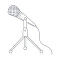 Outline wired professional studio microphone on stand. Musical audio equipment for podcasting, singing, karaoke. Linear