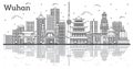 Outline Wuhan China City Skyline with Modern Buildings and Reflections Isolated on White