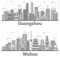 Outline Wuhan and Guangzhou China City Skylines with Modern Buildings Isolated on White