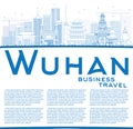 Outline Wuhan Skyline with Blue Buildings and Copy Space.