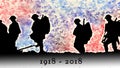 Outline of WWI soldiers walking over colourful blasts
