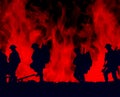 Outline of WWI soldiers walking over flames