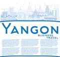 Outline Yangon Skyline with Blue Buildings and Copy Space.