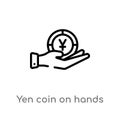 outline yen coin on hands vector icon. isolated black simple line element illustration from business concept. editable vector Royalty Free Stock Photo