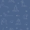 Outline yoga poses pattern. Background postures line illustration blue