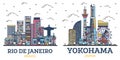 Outline Yokohama Japan and Rio de Janeiro Brazil City Skyline Set