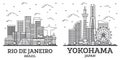 Outline Yokohama Japan and Rio de Janeiro Brazil City Skyline Set