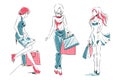 Sketch with elegant girls with shopping bags Royalty Free Stock Photo