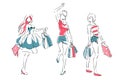 Sketch with elegant girls with shopping bags Royalty Free Stock Photo