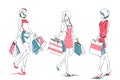 Sketch with elegant girls with shopping bags Royalty Free Stock Photo