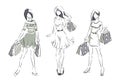 Sketch with elegant girls with shopping bags Royalty Free Stock Photo