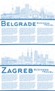 Outline Zagreb Croatia and Belgrade Serbia City Skyline set with Blue Buildings and Copy Space