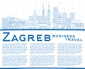 Outline Zagreb Croatia City Skyline with Blue Buildings and Copy Space