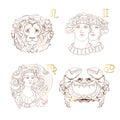 Outline zodiac signs Virgo, Leo, Gemini, Cancer. Vector illustration.