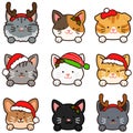 Outlined adorable and simple cat heads with front paws set Christmas version Royalty Free Stock Photo