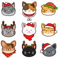 Outlined adorable and simple cat heads set Christmas version Royalty Free Stock Photo