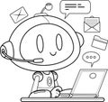 Outlined AI Robot Chat Bot Cartoon Character Call And Chat From Laptop Royalty Free Stock Photo