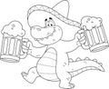 Outlined Alligator Or Crocodile Cartoon Character Running With Mexican Sombrero And Two Beer Glasses Mug