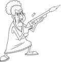 Outlined Angry Grandmother Cartoon Character Shooting With A Rifle Pump