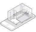 Outlined bathroom with wooden floor in mobile phone. Wire isometric shower enclosure.