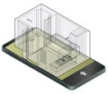 Outlined bathroom with wooden floor in mobile phone. Wire isometric shower enclosure.