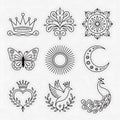Outlined Black & White Design Elements: Crown Butterfly Moon & Flower Vector Pack Royalty Free Stock Photo