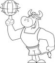 Outlined Bull Basketball Player Cartoon Character Spinning A Basketball On His Finger