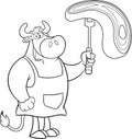 Outlined Bull Chef Cartoon Mascot Character Holding A Raw Steak On BBQ Fork