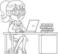 Outlined Business Woman Cartoon Character Sitting On The Desk With A Laptop And Documents Royalty Free Stock Photo
