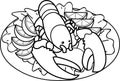 Outlined Cartoon Whole Boiled Lobster On Dish Over Leaf Salad And Lemon Slices